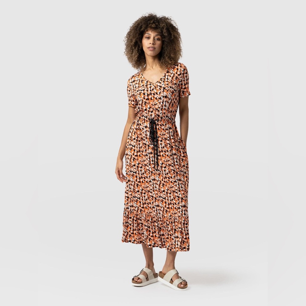 Orange Abstract Print Tiered Midi Dress | Saint + Sofia Meredith V Neck